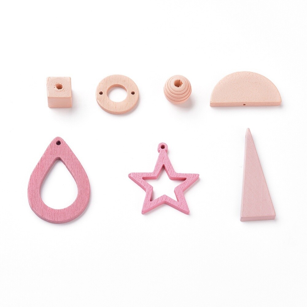 Bead Inspiration Kit - Pink Wooden Mixed Shapes x 70 Pieces