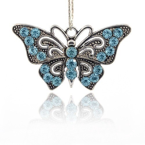 Blue Rhinestone Butterfly Pendant - 37x67mm
