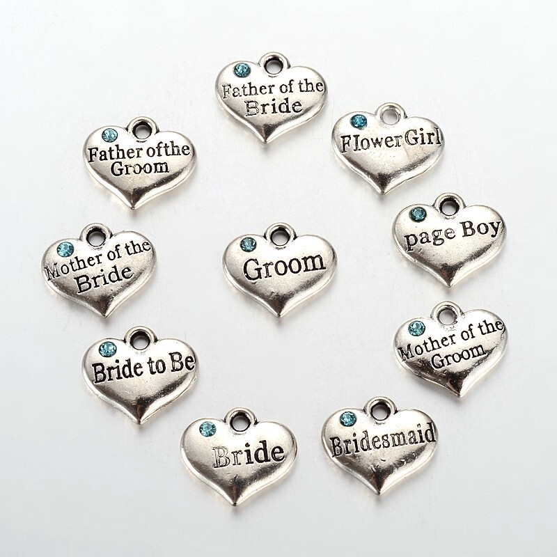 Wedding Heart Charms - Silver Mix Words 13.5x16mm
