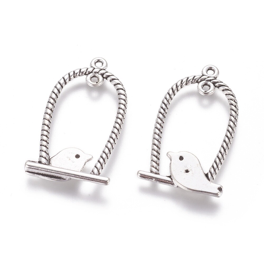 Bird In Cage Charm -  Silver 32x18mm