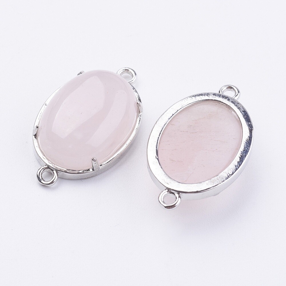 Rose Quartz Connector - Silver Oval 15x26mm