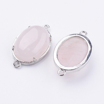Rose Quartz Connector - Silver Oval 15x26mm