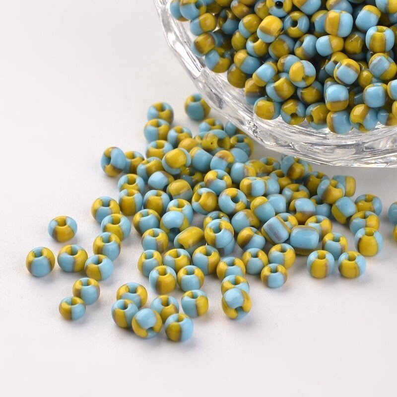 Seed Bead - Opaque Sky Blue &amp; Mustard 8/0