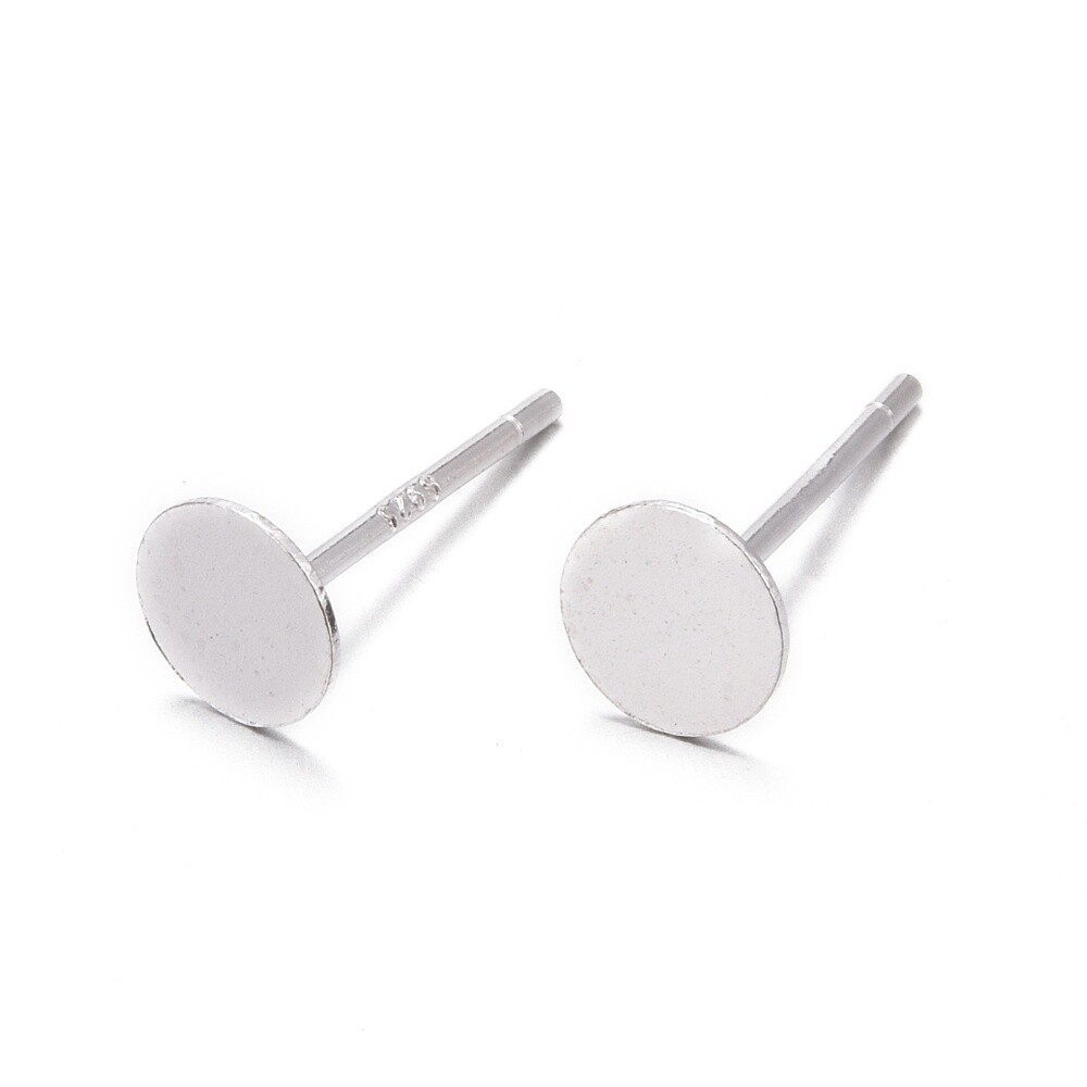 925 SS Flat Stud Earring Post - 5mm Tray (Pair)