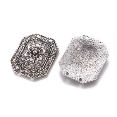 Connector - TS Carved Flower Rectangle Silver 44x35mm