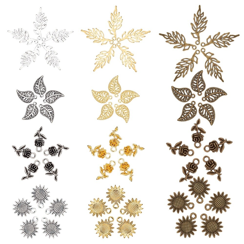 Vintage Flower &amp; Leaves Tri Metal Mix Charm