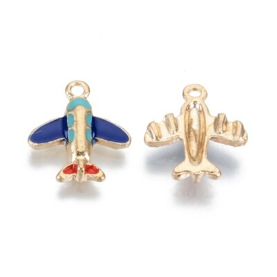 Blue Enamel Plane Charm - Light Gold 14.5x13mm