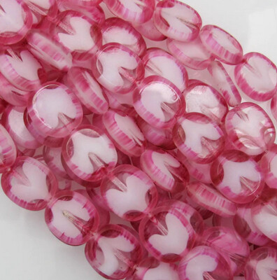 Czech Flat Oval - Pink &amp; White 14x12mm