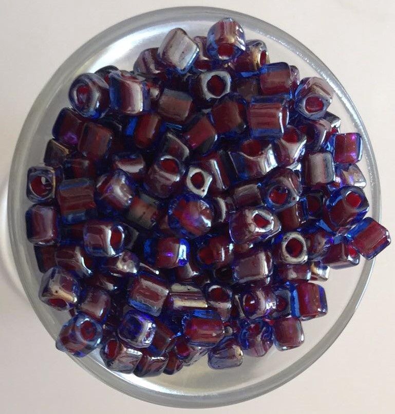 Seed Bead - Blue, Red Lined Square Cut 6/0