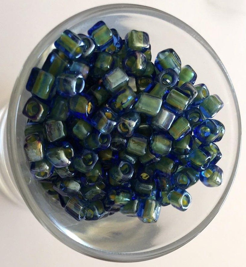 Seed Bead - Blue, Green Lined, Square Cut 6/0