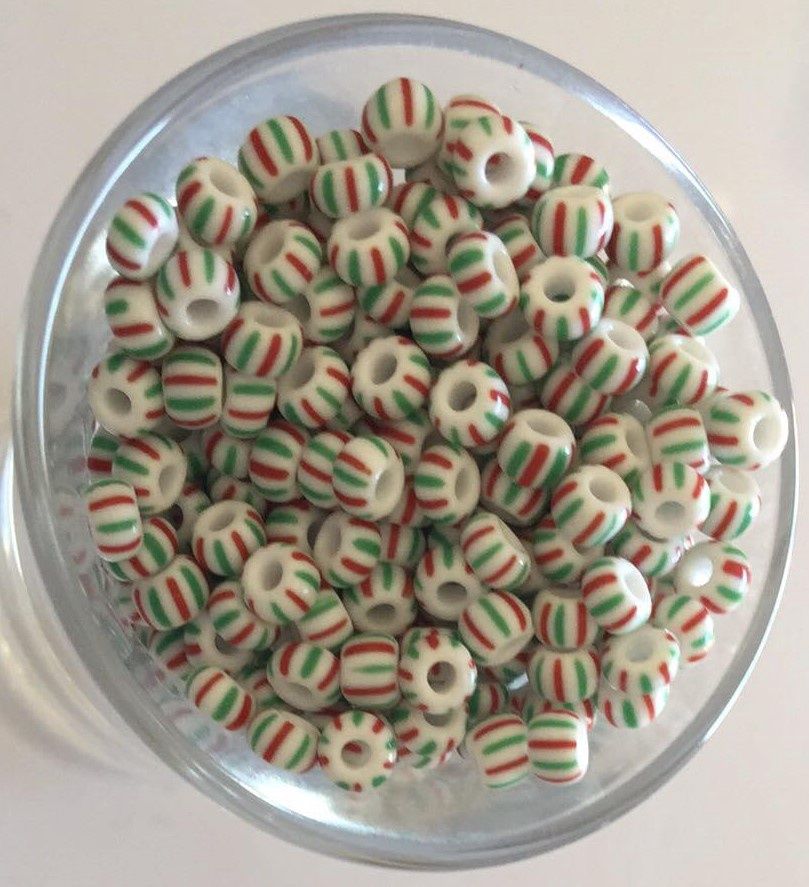 Seed Bead - Czech Glass White, Green &amp; Red Stripe 5/0