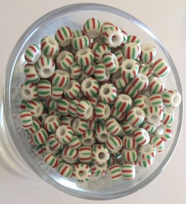 Seed Bead - Czech Glass White, Green &amp; Red Stripe 5/0