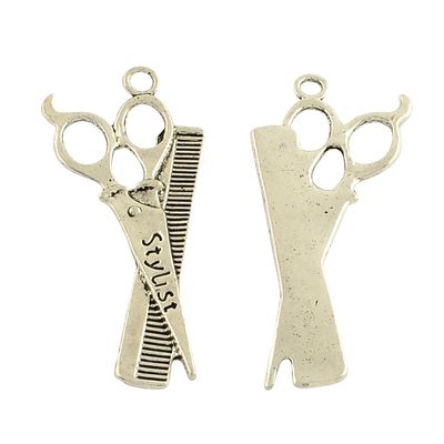 Comb &amp; Scissors Charm - Silver 52x22mm