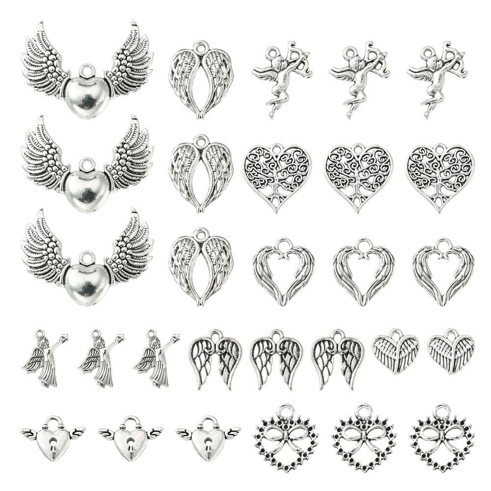 Wings &amp; Hearts Charms - Silver Mix