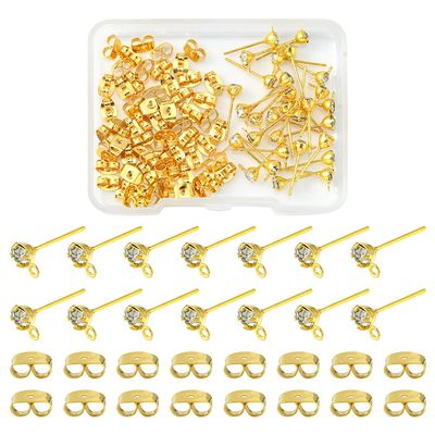 Rhinestone Stud Posts - Gold (Pair) With Butterfly Backs