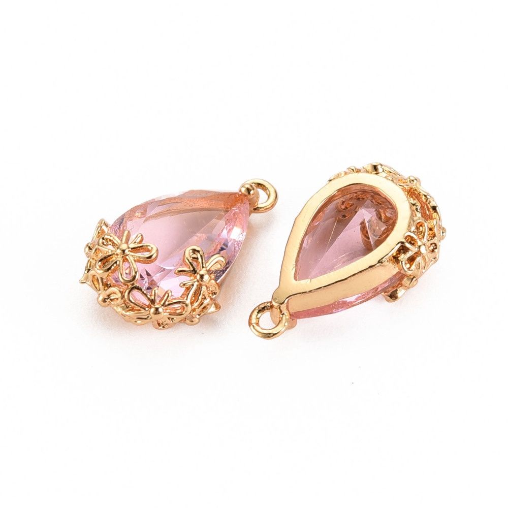 Pink Teardrop With Gold Flower Earings