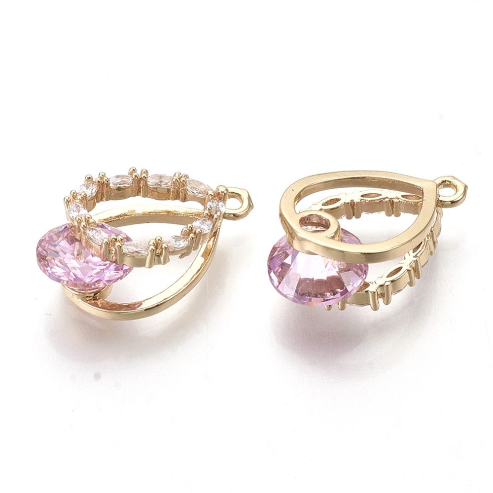Golden Hollow Teardrop With Pink Rhinestone Earrings