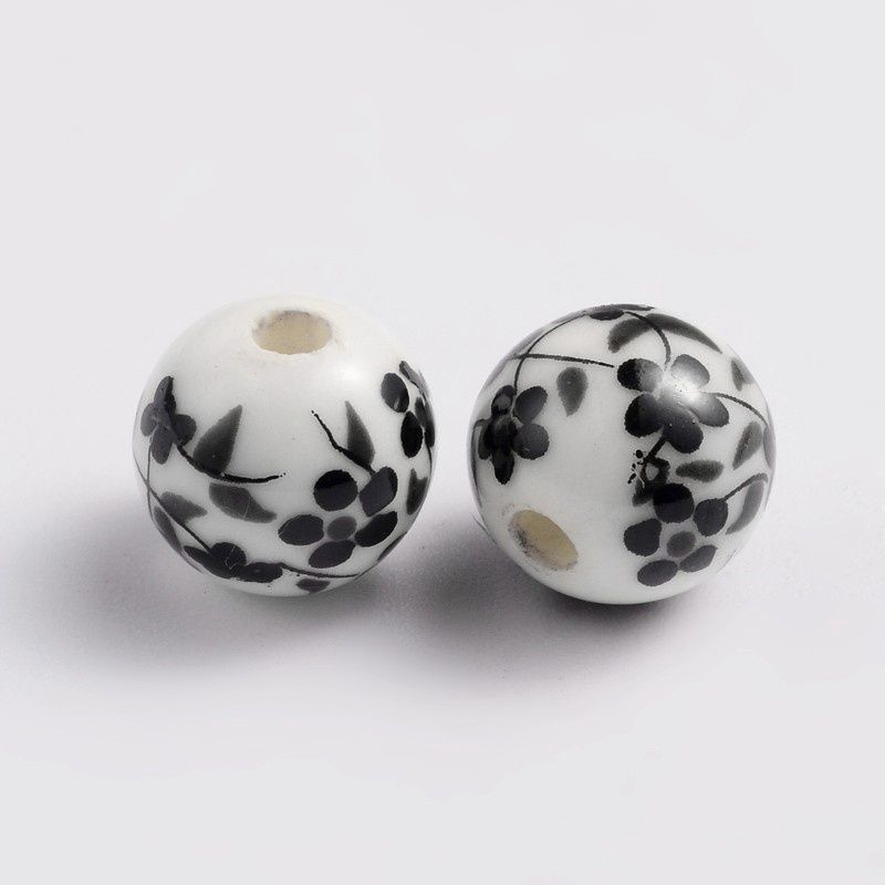 Porcelain Round - Floral Prussian Blue or Black 8mm