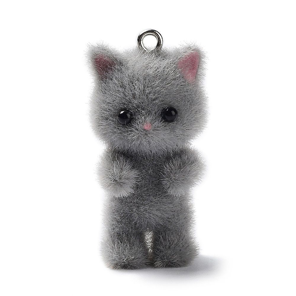 Grey Flocky Kitty Cat Charm - 35.5x16.5mm