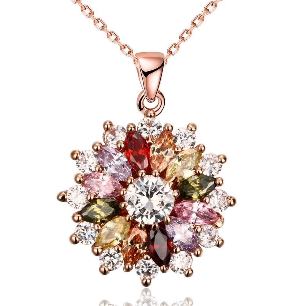 Rose Gold Plated Floral Necklace - Colourful CZ Rhinestones