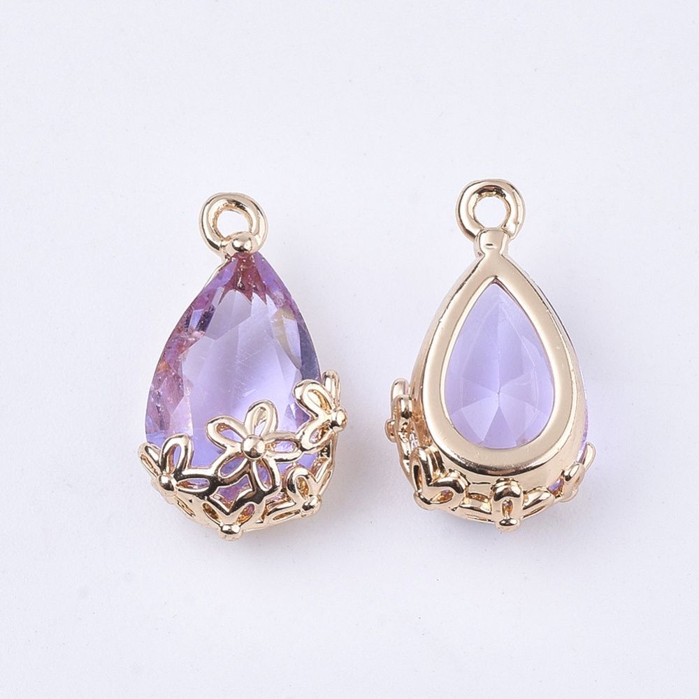 Glass Teardrop With Gold Flower - Medium Purple 16x9mm