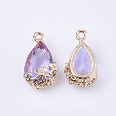 Glass Teardrop With Gold Flower - Medium Purple 16x9mm
