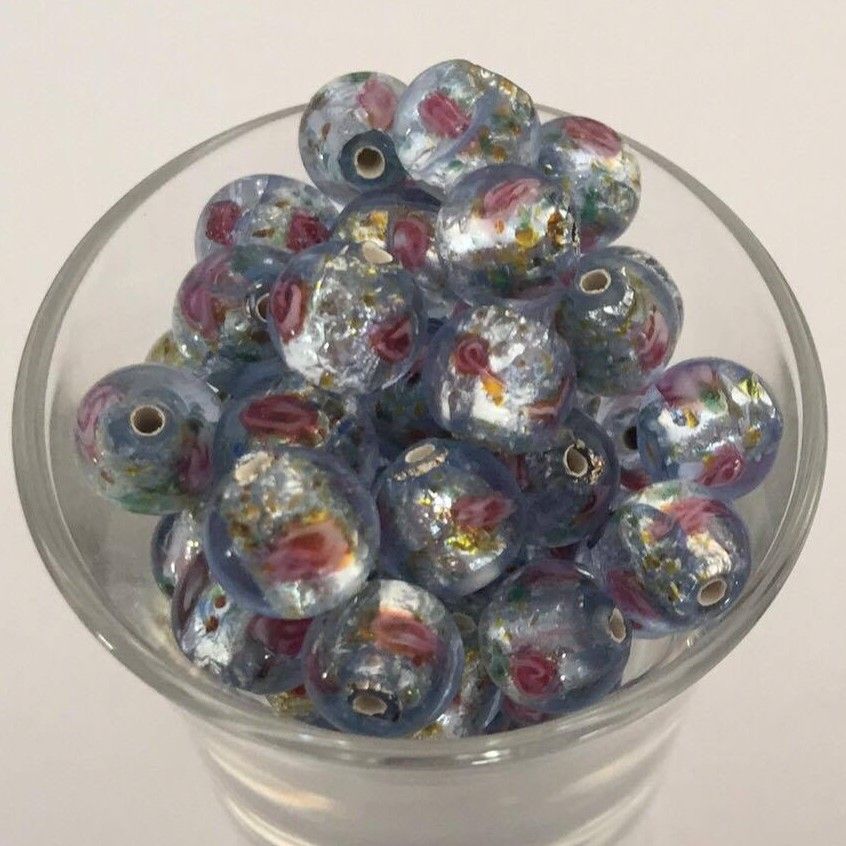 Czech Foil Rose Round - Light Blue 8mm