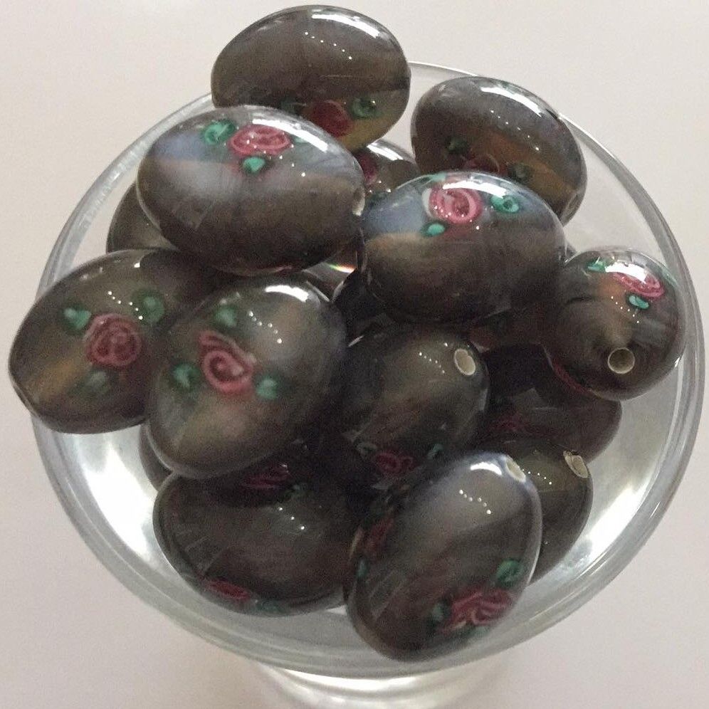 Czech Rose Oval - Dark Grey 14x10mm