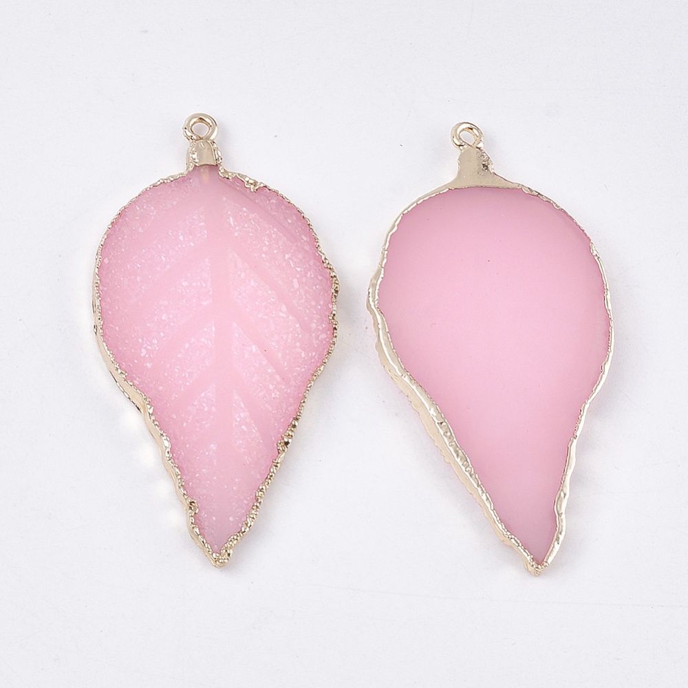 Druzy Resin Leaf Pendant - Pink 56x27mm