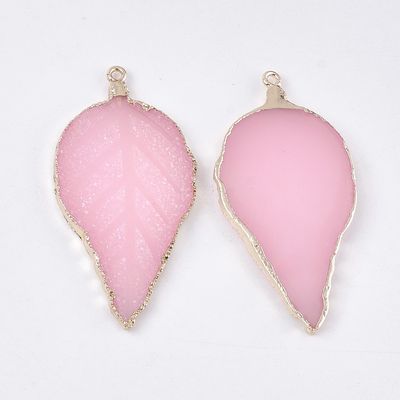 Druzy Resin Leaf Pendant - Pink 56x27mm