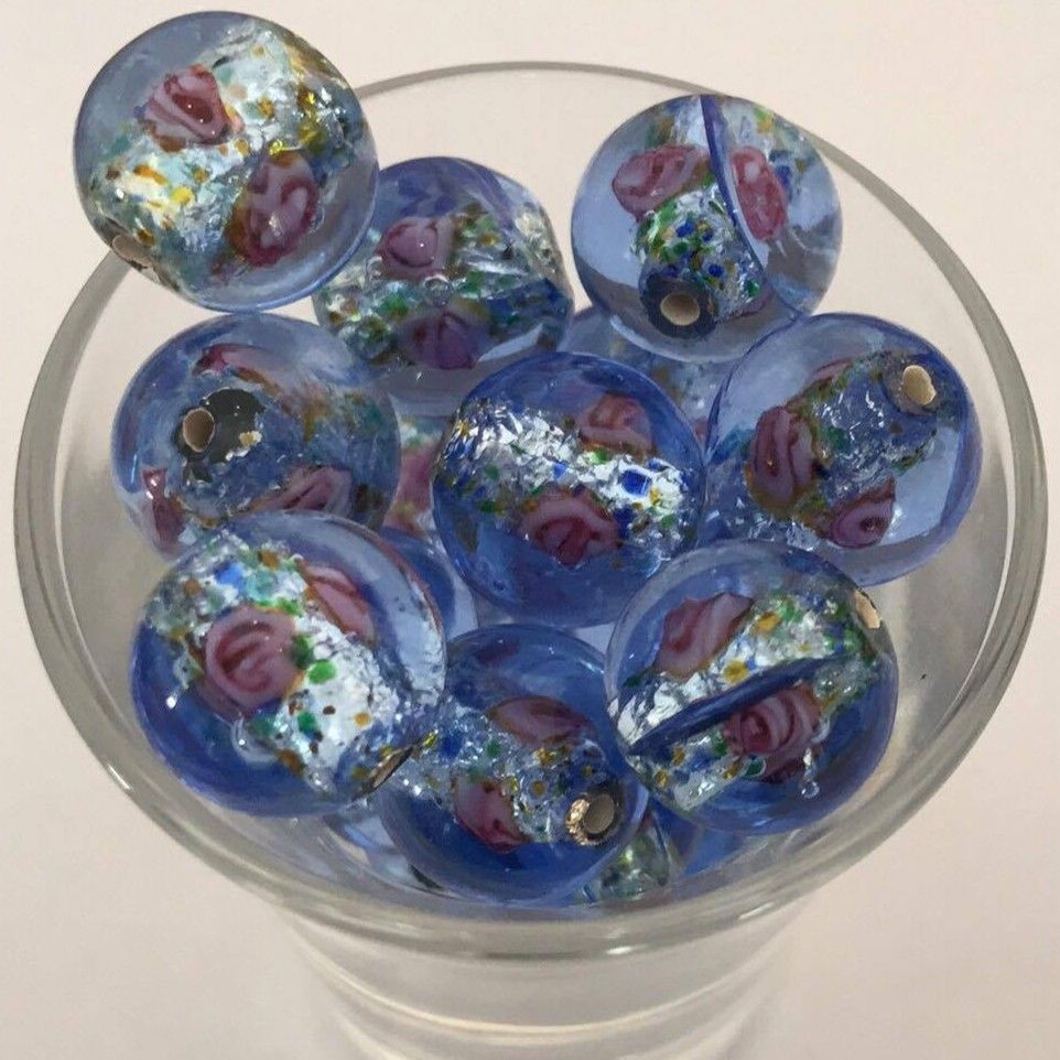 Czech Foil Rose Round - Blue 12mm
