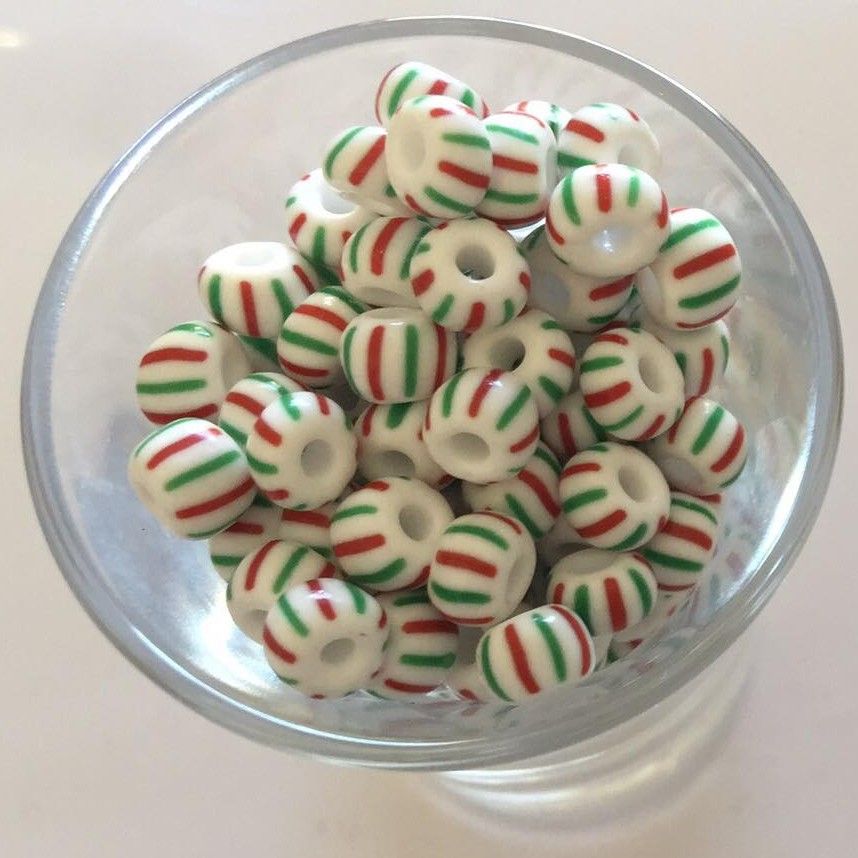 Czech Round - White, Red &amp; Green Stripe 4mm