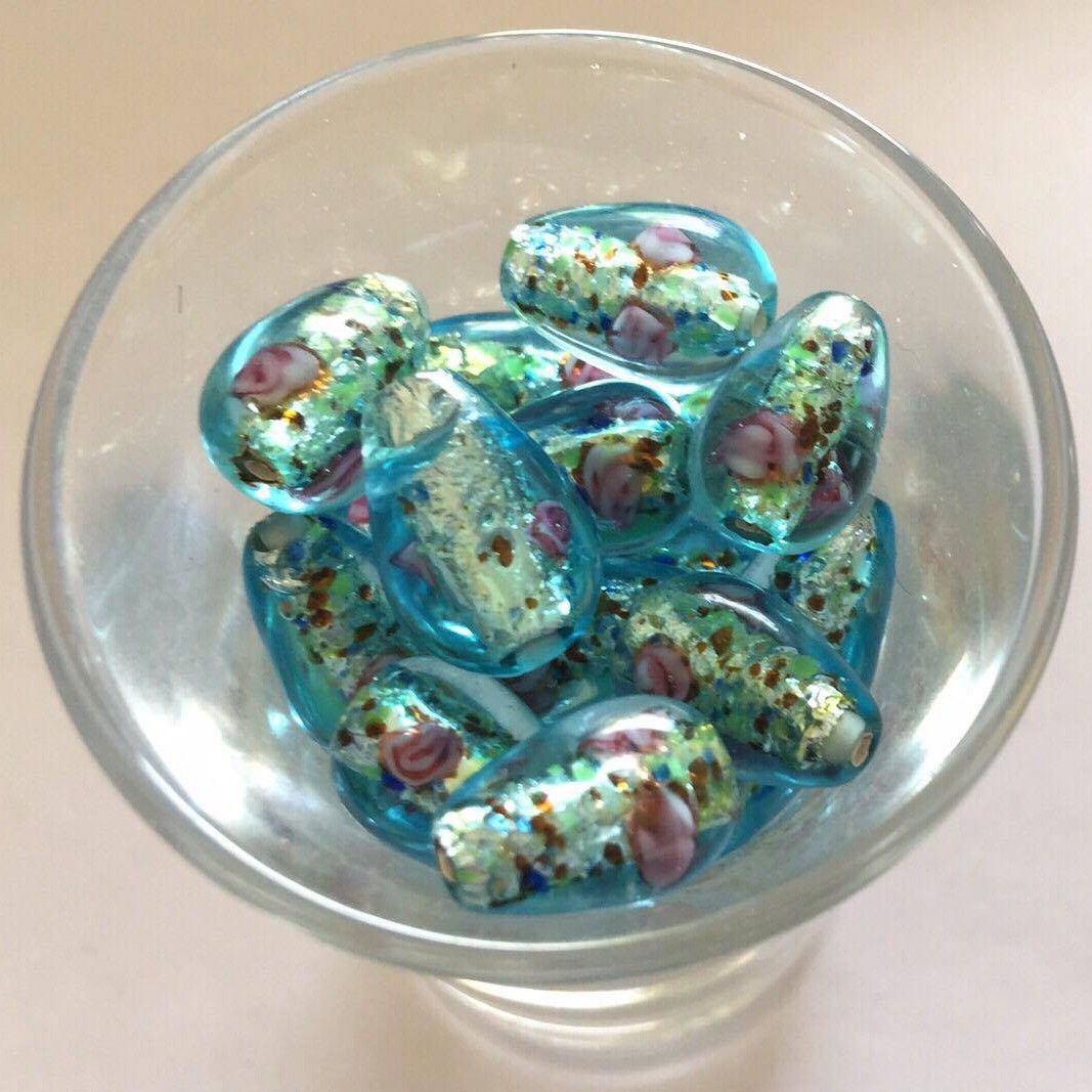 Czech Foil Rose Drop - Aqua 14x10mm