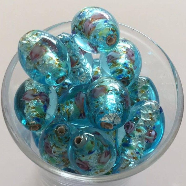 Czech Foil Rose Oval - Blue 14mm