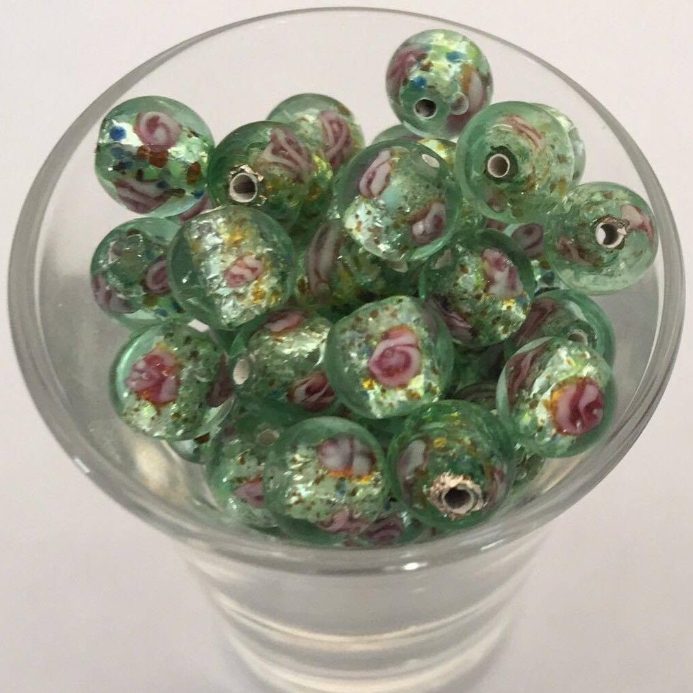 Czech Foil Rose Round - Green 8mm