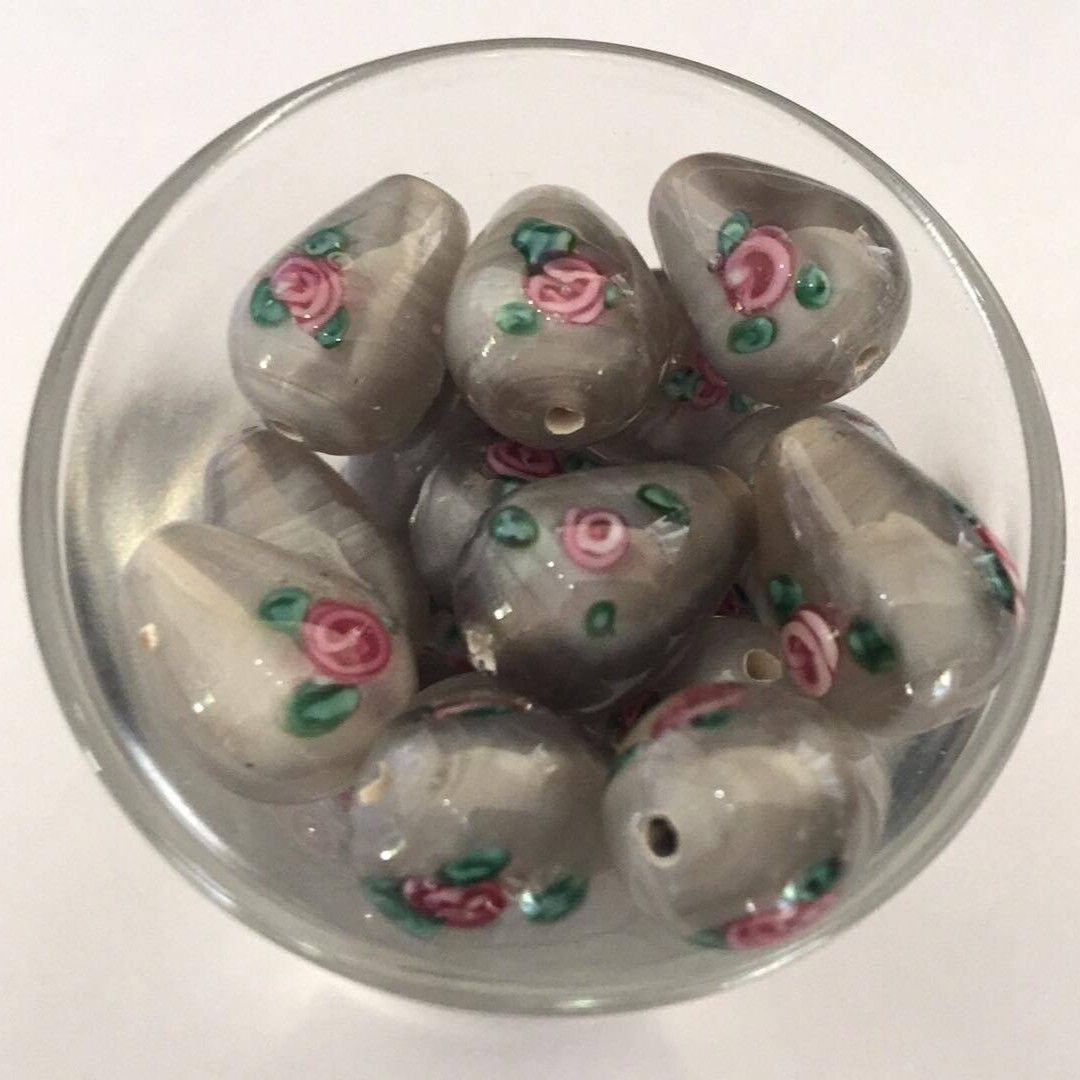 Czech Rose Drop - Light Grey 14x10mm
