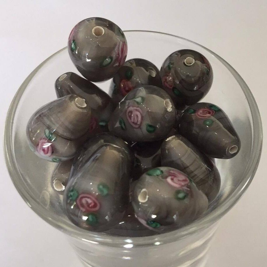 Czech Rose Drop - Grey 14x10mm