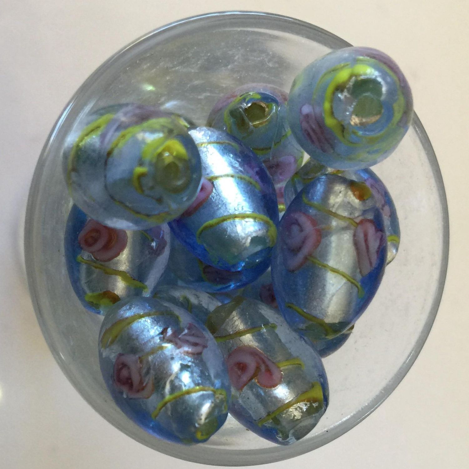 Chinese Foil Rose Oval - Blue 15mm