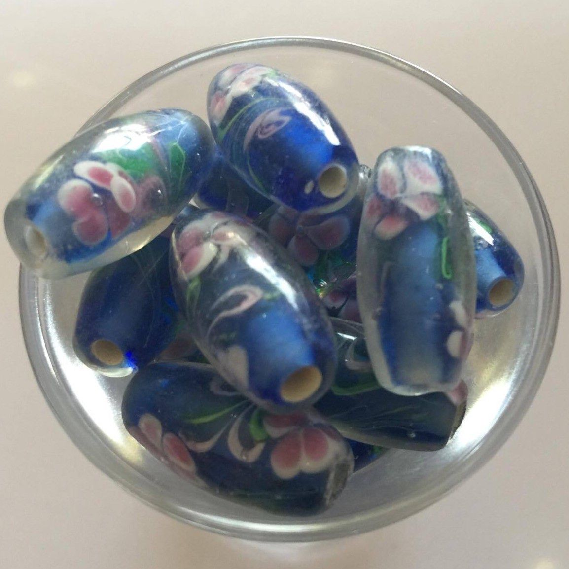Chinese Floral Lampwork Oval - Blue 20mm