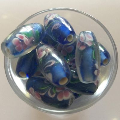 Chinese Floral Lampwork Oval - Blue 20mm