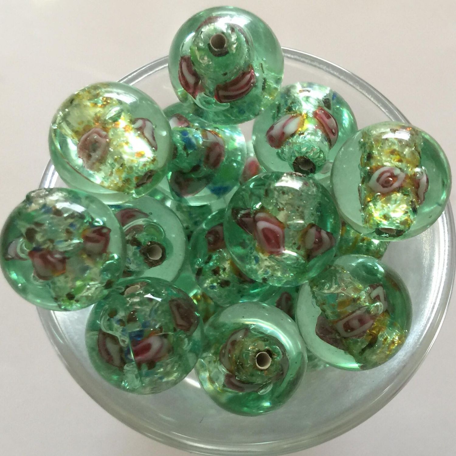 Czech Rose Foil Round - Light Green 12mm