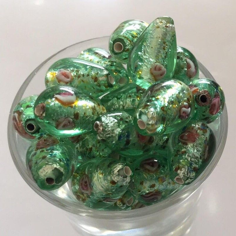 Czech Rose Foil Drop - Green 14x10mm