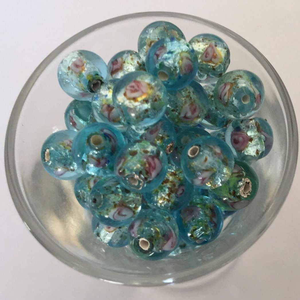 Czech Foil Rose Round - Aqua 8mm