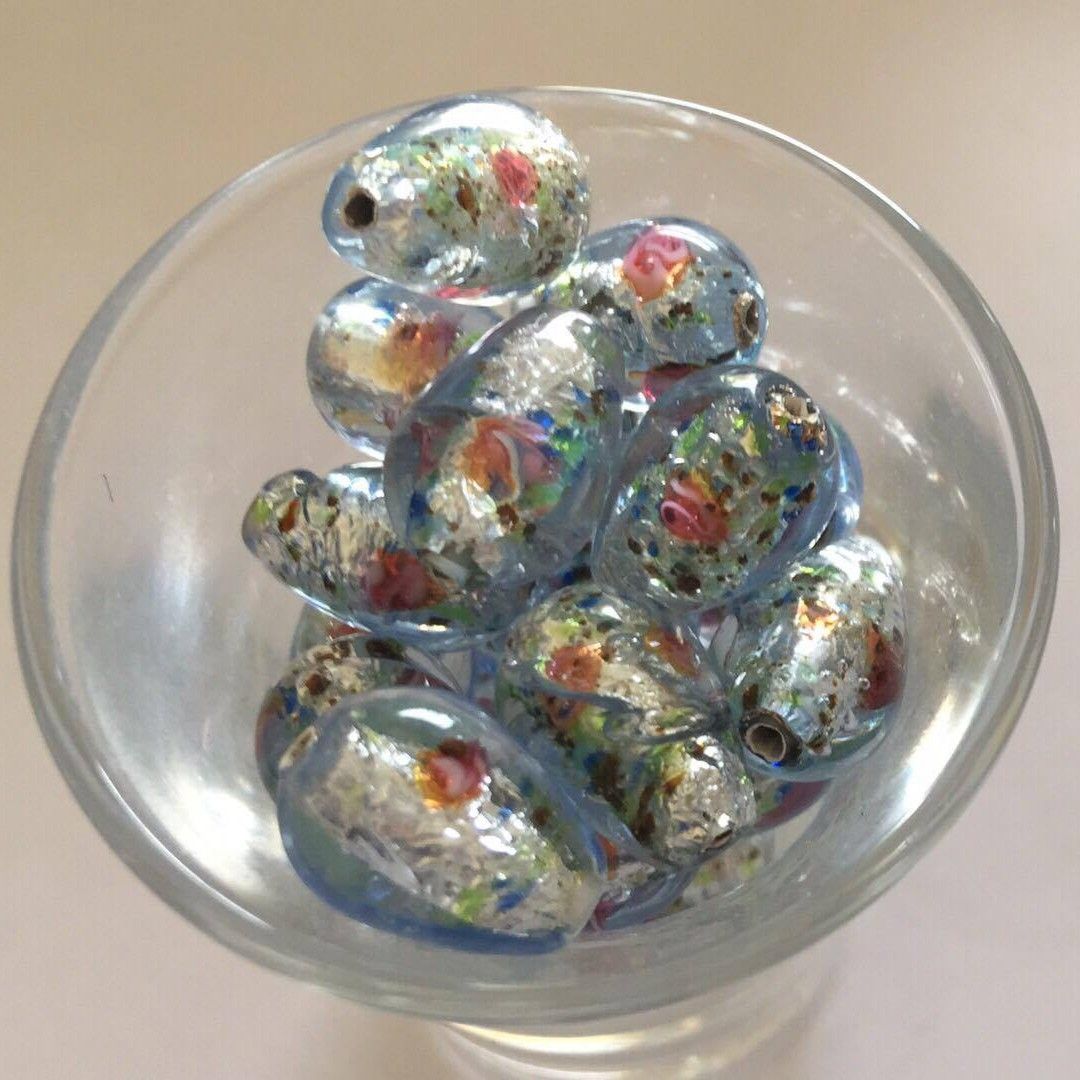 Czech Foil Rose Drop - Light Blue 14x10mm