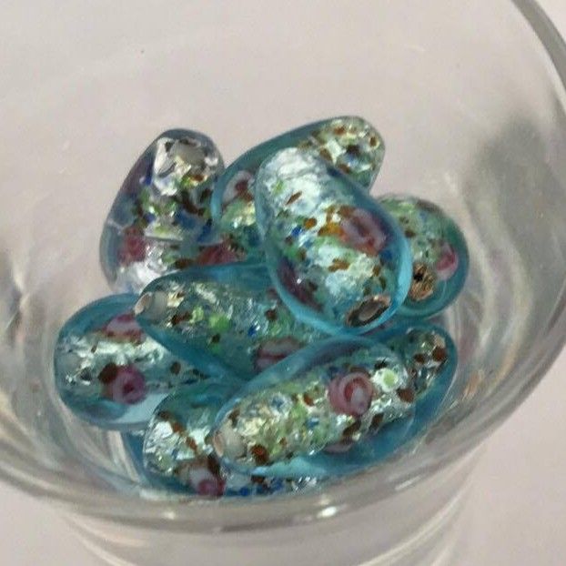 Czech Foil Rose Drop - Aqua 14mm