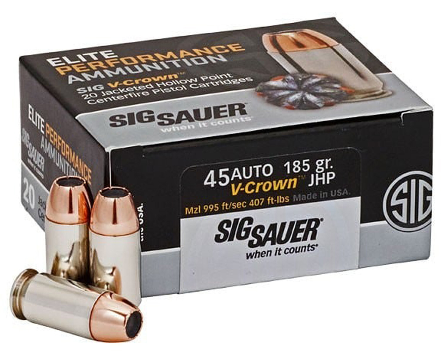 SIG SAUER .45ACP, 185GR JHP, 20RD/BX, E45AP0-20