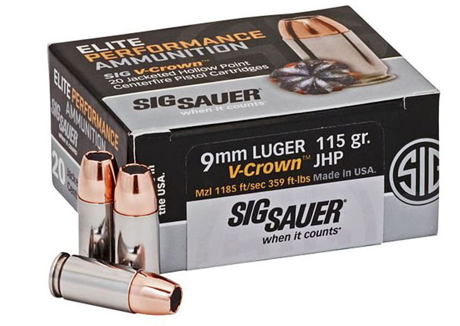 SIG SAUER 9MM V-Crown, 115GR JHP, 20RD/BX, E9MMA1-20