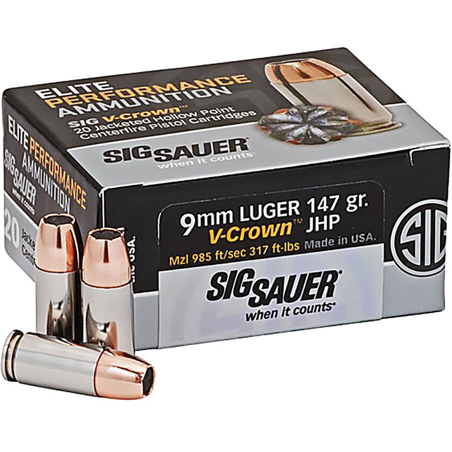 SIG SAUER 9MM V-Crown, 147GR JHP, 20RD/BX, E9MMA3-20