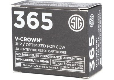 SIG 365 ELITE V-CROWN HANDGUN AMMUNITION 9MM LUGER 115 GR JHP 1050 FPS 20/CT