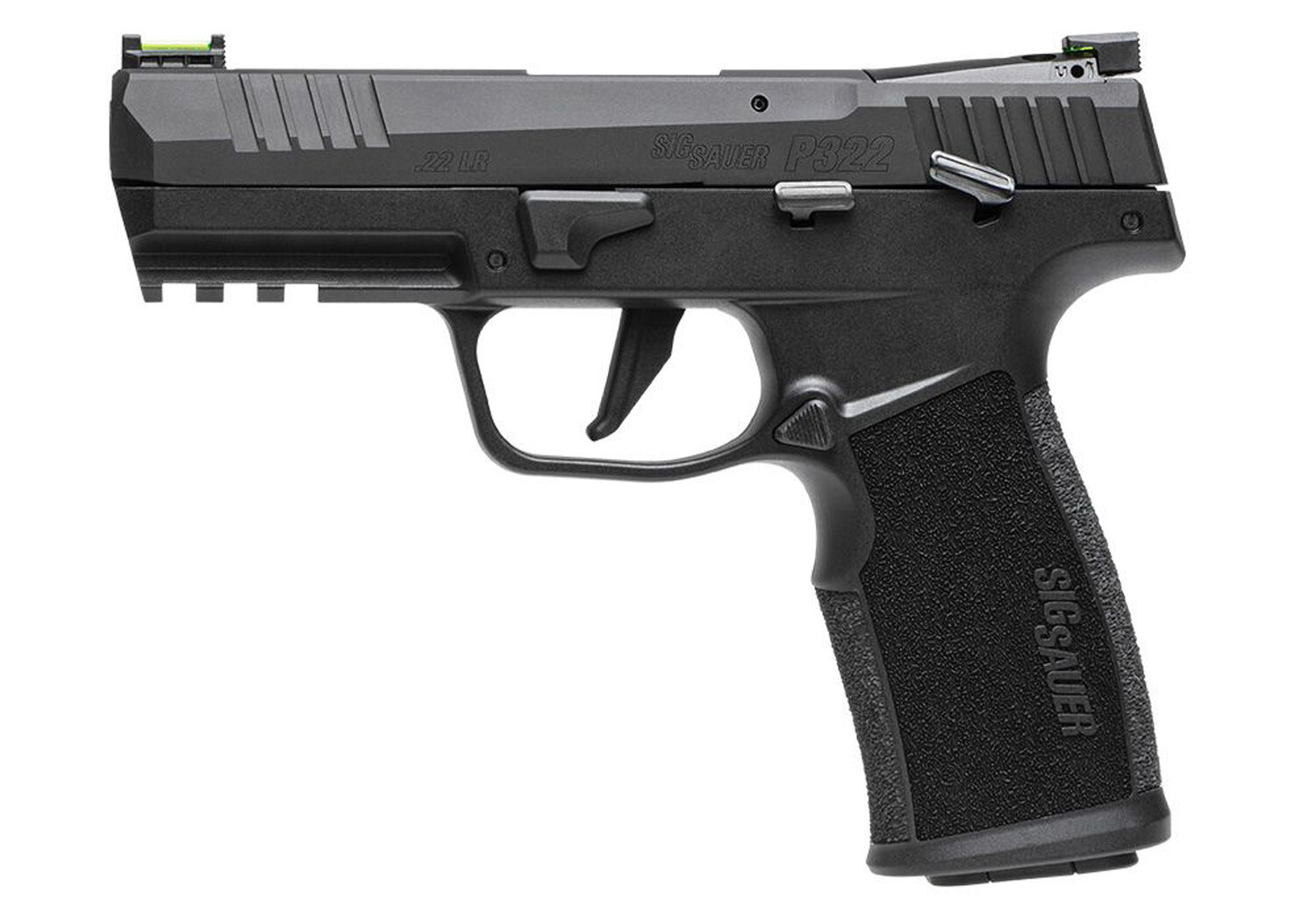 SIG SAUER, P322, SEMI-AUTOMATIC, SINGLE ACTION ONLY, POLYMER FRAME PISTOL, FULL SIZE, 22 LR, 4 BARREL&quot;, ANODIZED FINISH, BLACK, ADJUSTABLE FIBER OPTIC SIGHTS, OPTIC READY, THREADED BARREL ADAPTER, 20 